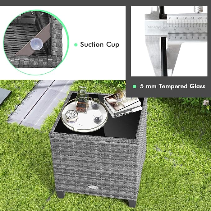 HAPPYGRILL 3 Pieces Patio Conversation Set, Outdoor Furniture Set PE Rattan Sofa Set with Removable Cushions, PE Wicker Chairs with Tempered Glass Side Table for Porch Lawn Garden Balcony Backyard