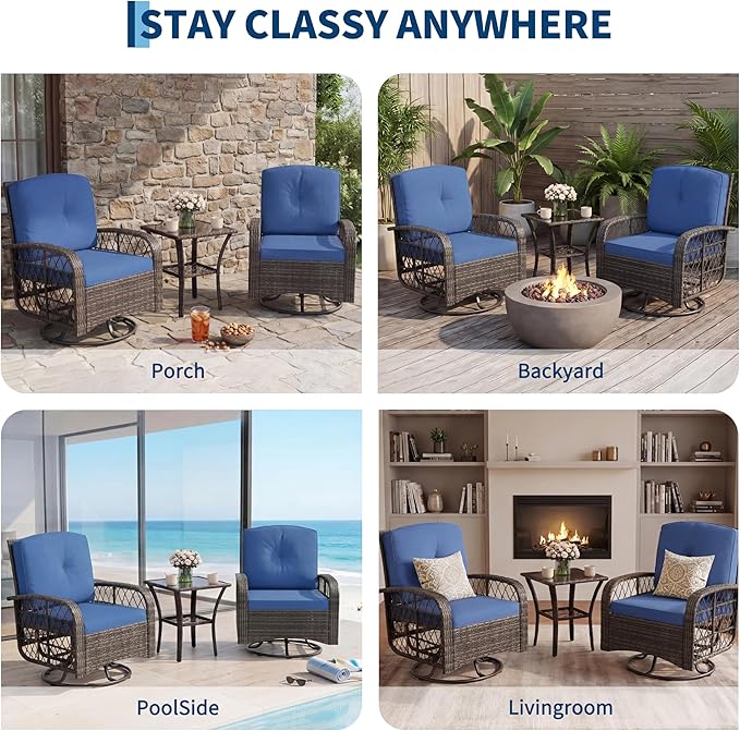 IDEALHOUSE 3-Piece Outdoor Patio Furniture Set, Wicker Swivel Rocking Chairs with Thick Cushions and Glass Coffee Table, Backyard & Garden Bistro Rocker Set, Grey+Blue Cushion
