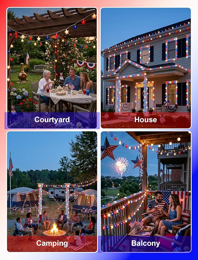 12Ft 4th of July String Lights, 20L LED Red White and Blue Star Lights | Plug in for Patriotic Home Porch Mantel Classroom Backyard Tree Decor, Independence Day Decorations, Indoor and Outdoor Use