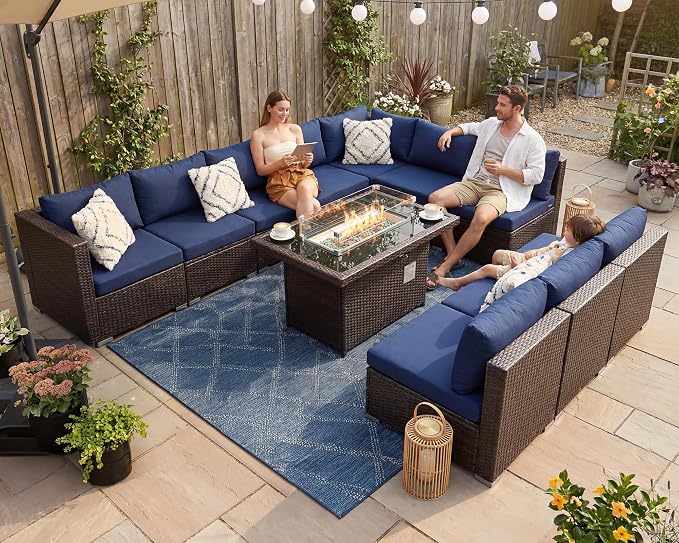 NICESOUL 11 Piece Outdoor Furniture Set with Fireplace Propane/Natural Gas, Luxury Patio Sectional 10-Person, 29.3'' High-Back Backyard Seating Area, All-Weather Rattan Couch Sofa, Brown & Blue