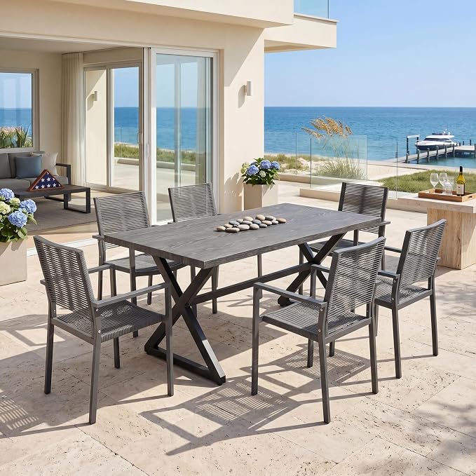 7 Piece Dining Table Set for 6, Aluminum Frame with Ultra Breathable Hollow Woven Rope Armchairs, Wood-Like Tabletop, for Dining Room, Kitchen, Garden, Backyard, Deck & Poolside,Gray