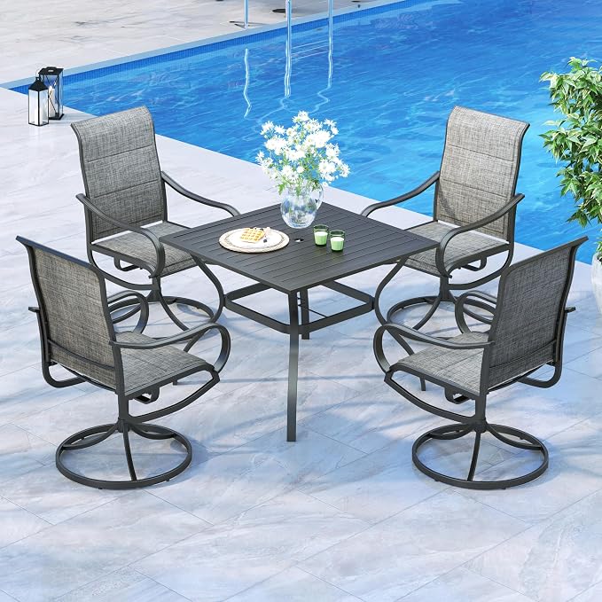 MFSTUDIO Outdoor Dining Set for 4, Patio Table and Chairs Set for Deck Backyard Poolside Garden, 5 Piece Patio Dining Set with Umbrella Hole
