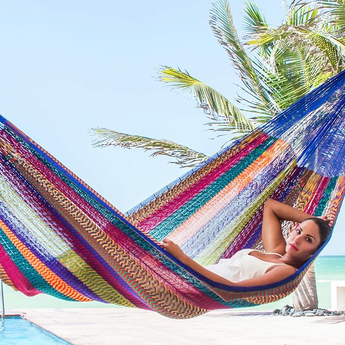NOVICA Artisan Rainbow Seascape Double Hammock, Blue Striped Handmade Nylon Mayan Rope Style from Mexico, Bed 78in L x 78in W, Total Length 158in L