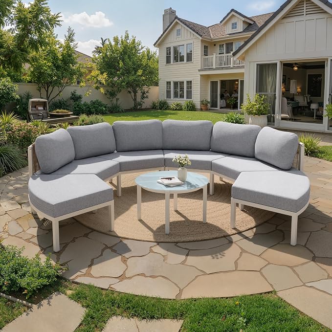 Crestlive Curved Patio Furniture Set, Modular Half Moon 6-Seater Sofa with Round Coffee Table, Aluminum Outdoor Sectional with 4.3" Cushions, All-Weather Couch for Backyard, Deck, Porch, Poolside