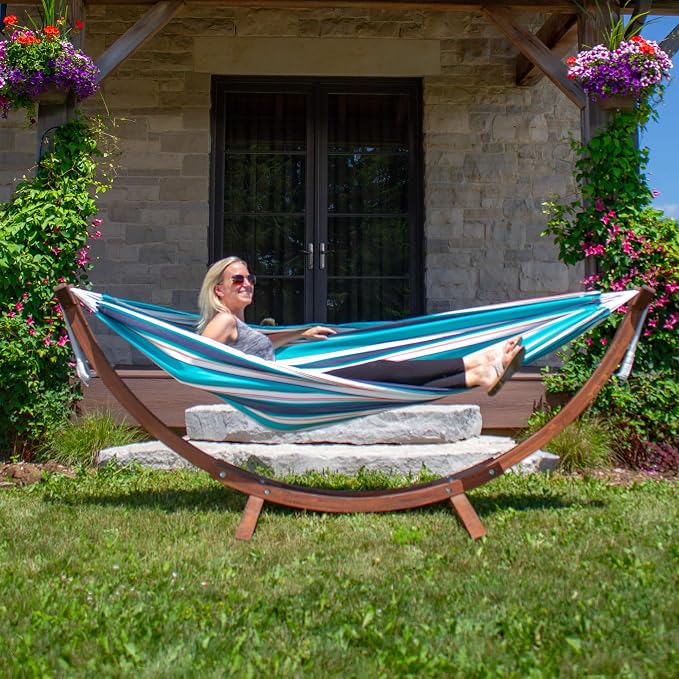 Vivere Double Sunbrella Hammock with Solid Pine Arc Stand - 450 lb Capacity, Durable FSC Wood Frame, Includes Hardware & User Guide - 450 lb Weight Capacity (Token Surfside)