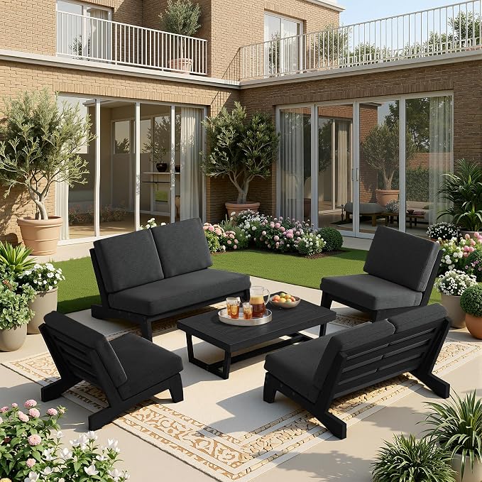 5 Pieces All Weather Black Wood Patio Furniture Sets, 2 Patio Loveseat, 2 Patio Bistro Chair, Outdoor Sectional Sofa Furniture Backyard Conversation Set with Coffee Table - Dark Gray