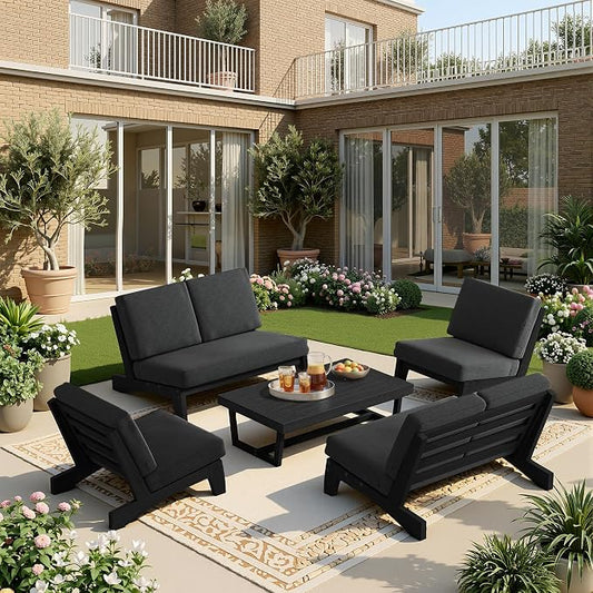 5 Pieces All Weather Black Wood Patio Furniture Sets, 2 Patio Loveseat, 2 Patio Bistro Chair, Outdoor Sectional Sofa Furniture Backyard Conversation Set with Coffee Table - Dark Gray