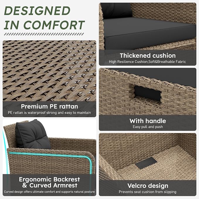 LHBcraft 5 Piece Outdoor Furniture Set, PE Rattan Balcony Furniture with Soft Cushions, Patio Set 2 Ottoman & Table for Porch, Lawn, Garden, Black