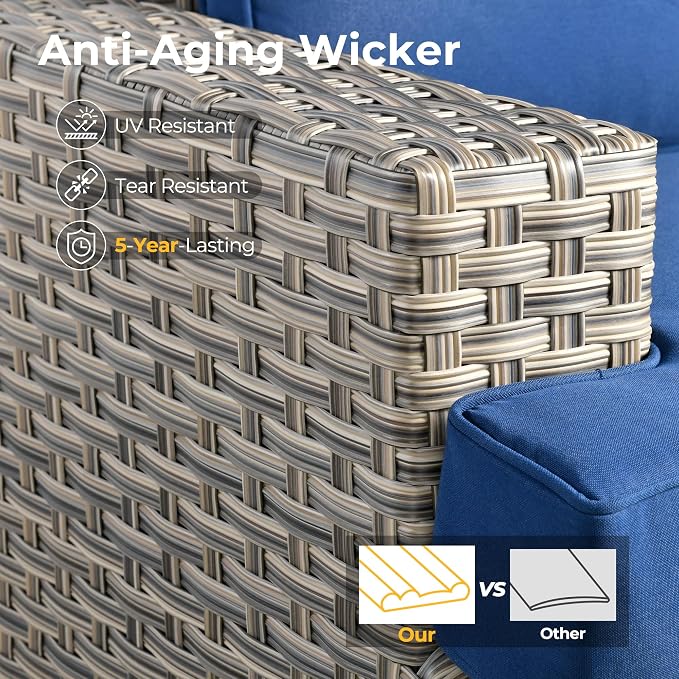 HOOOWOOO Sectional Patio Furniture Set with Solar Light Table,6 Pieces Wicker Outdoor Furniture L Shaped Couch,Outside Conversation Set with Extra Deep Seat Sofa Wide Arm,Navy Blue