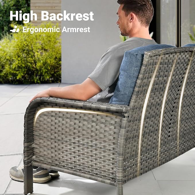 ovios 7-Piece Patio Furniture Set, Outdoor Wicker Sofa with Swivel Chairs Coffee Table, High Back Rattan Couch Loveseat with Comfy Cushions for Porch Yard Deck, Denim Blue