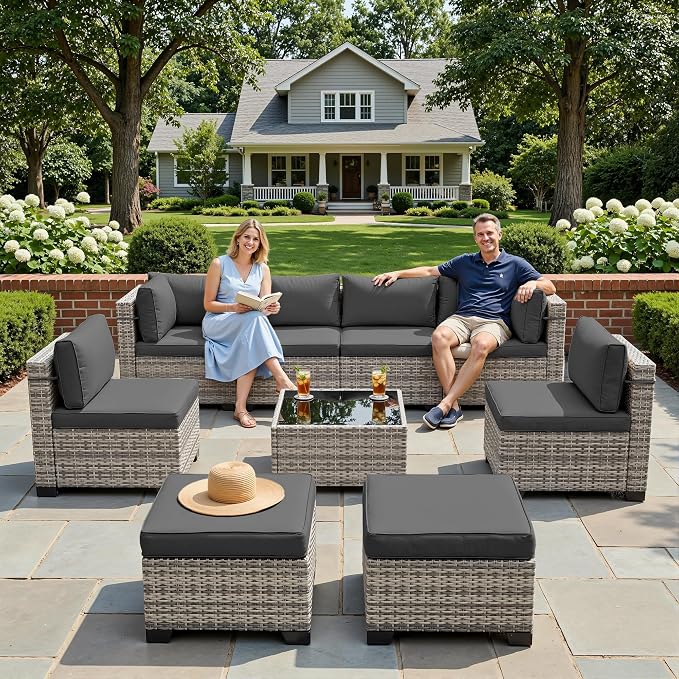 9-Piece Patio Furniture Set, Outdoor Sectional with Ottomans, Modular Patio Sofa, Dual-Strand Wicker Rattan, Rust-Resistant Frame, Backyard Furniture for Garden, Deck, Black