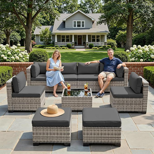 9-Piece Patio Furniture Set, Outdoor Sectional with Ottomans, Modular Patio Sofa, Dual-Strand Wicker Rattan, Rust-Resistant Frame, Backyard Furniture for Garden, Deck, Black