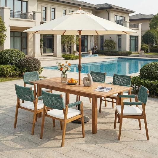 Christopher Knight Home 7-Piece Outdoor Dining Set, Expandable 63"-79" Acacia Wood Patio Table, Natural Finish with 6 Armchairs, Beige Cushions & Rope Woven Back, Backyard Garden Deck