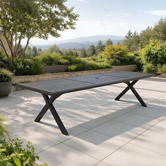 Crestlive Products 118" Outdoor Aluminum Dining Table for 12 People, Black Extra Long Patio Table with X Frame Legs and Adjustable Umbrella Hole, Heavy Duty Backyard Deck Garden Dining Tables