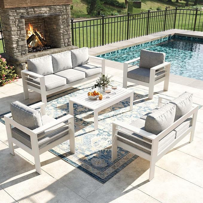5 Pieces Modern Aluminum Patio Furniture Set, Outdoor Conversation Sets Metal Sectional Sofa with Coffee Table