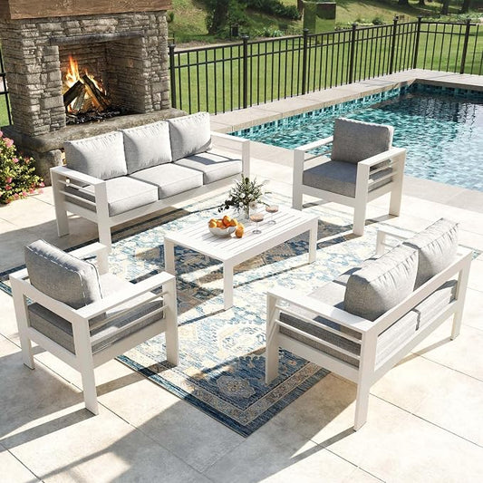 5 Pieces Modern Aluminum Patio Furniture Set, Outdoor Conversation Sets Metal Sectional Sofa with Coffee Table