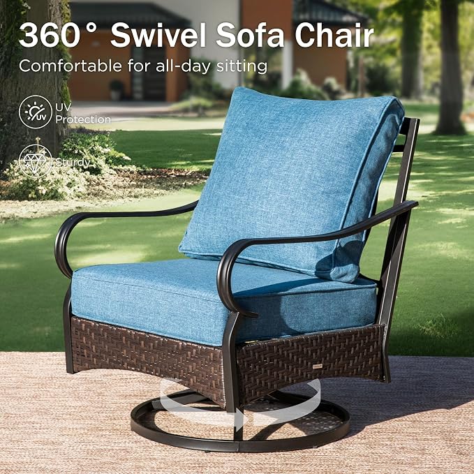 PHI VILLA Outdoor Patio Furniture Set, Upgraded Wicker & Metal Patio Conversation Set with Waterproof Thick Cushions for Porch, Poolside, Yard (4 Pieces, Navy)