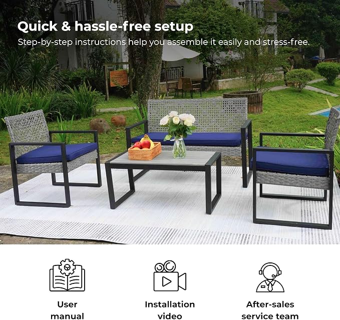 GDFStudio 4-Piece Patio Furniture Set with Acacia Wood Tabletop, PE Rattan Conversation Sofa Set, Steel Frame Outdoor Seating for Balcony Porch Garden Backyard Lawn, Blue Cushions Light Gray Wicker