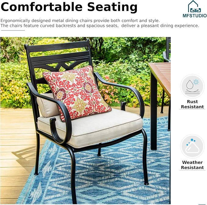 MFSTUDIO Patio Dining Set, 37" Square Wood-Look Table, Fixed Chairs | Umbrella Hole, Seats 4, All-Weather Use