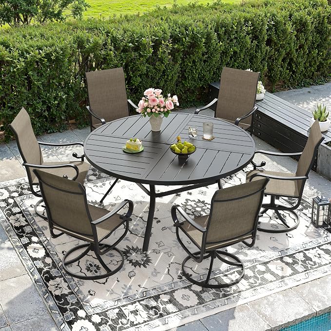 DIFY 7 Piece Outdoor Dining Set for 6, 50" Black Round Metal Dining Table with Umbrella Hole and Swivel Patio Chairs with Brown Textilene Fabric, Patio Table and Chairs Set for Garden Backyard Deck