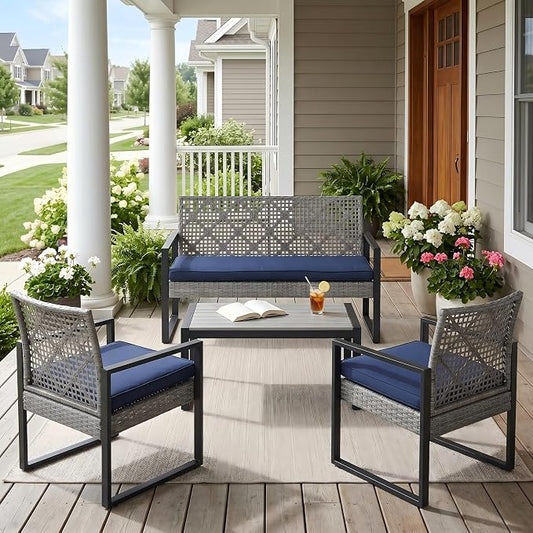 4 Pieces Patio Furniture Set Outdoor Furniture Set with Table, Wicker Patio Conversation Sets with Soft Cushion with 1 Spacious Souble Chair and 2 Single Chairs for Home, Garden, Lawn (Light Gray)