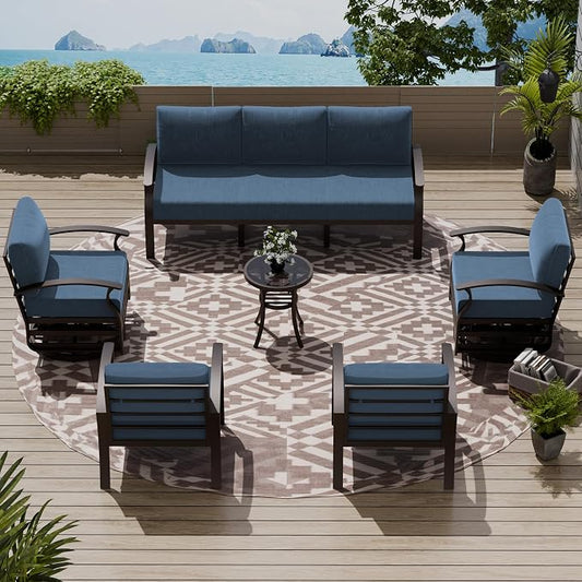 Patio Furniture Set 6-Piece Aluminum Armrest Sofa, All-Weather Patio Conversation Set with Tempered Glass Top Table & Removable Sponge Cushions for Backyard Poolside
