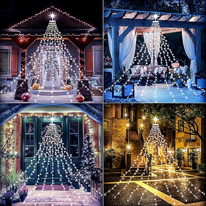 Christmas Decorations, Outdoor Christmas Lights, 320 LED Outdoor Christmas Tree String Lights with 12" Star Toppers [8 Modes& Waterproof] for Xmas New Year Holiday Decor (Dipper White)