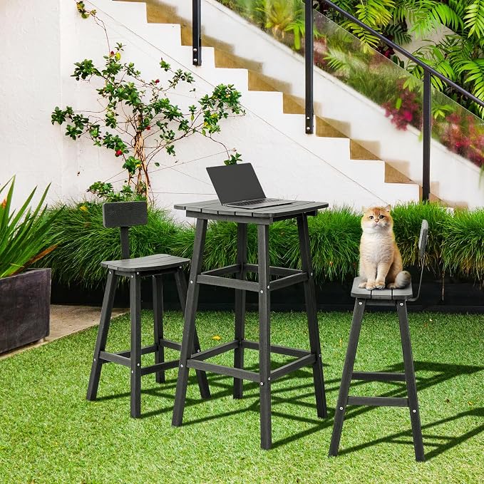 Bar Height Chairs Set of 2, HDPE Front Porch Chairs Set, Weather Resistance Outdoor Bar Stools Set for Spas, Cafes, Swimming Areas, Lodges and Hotels - Black