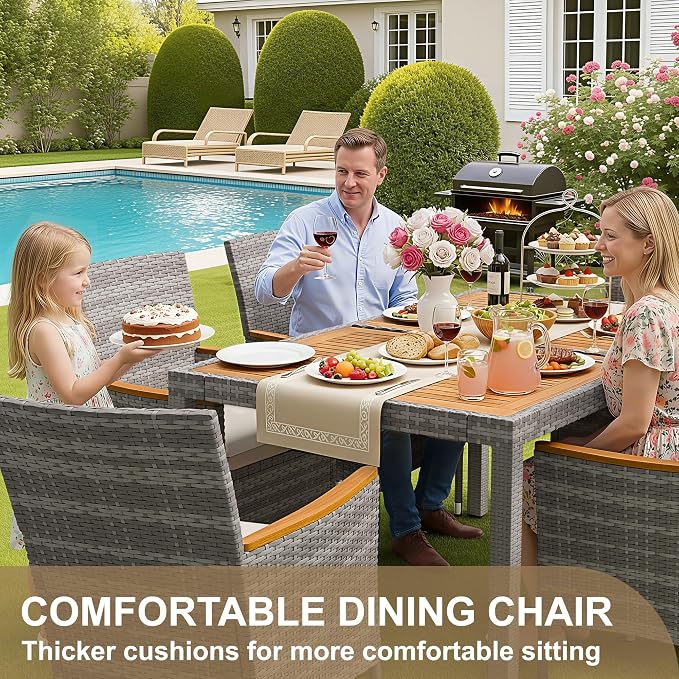 Devoko Dining 7 PCS Furniture, Patio Conversation Set with Acacia Wood Table Top, Outdoor, Beige Cushion and Grey Rattan