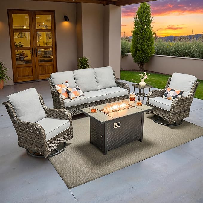 ovios 5-Piece Patio Furniture Set with Swivel Chairs Side Table, Outdoor Wicker Sofa with 42" Fire Pit Table, High Back Couch Modern Conversation Sets, Grey/Grey