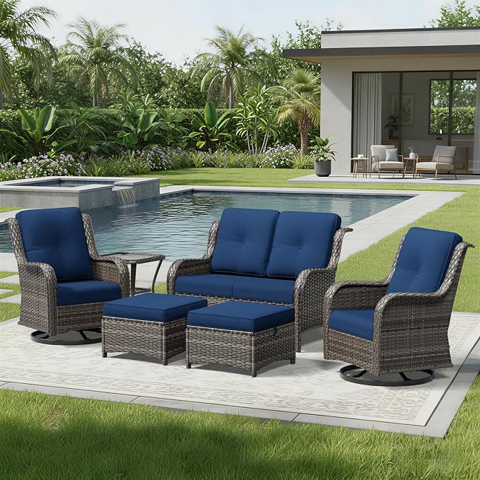 Joyside 6 Piece Wicker Patio Furniture Set, Outdoor Swivel Rocker Patio Chairs with High Back, Deep Seating, Wide Armrest, Thickened Cushions, Outdoor Furniture for Deck, Porch Use