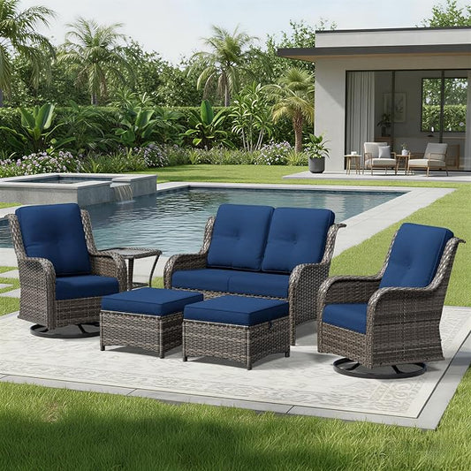 Joyside 6 Piece Wicker Patio Furniture Set, Outdoor Swivel Rocker Patio Chairs with High Back, Deep Seating, Wide Armrest, Thickened Cushions, Outdoor Furniture for Deck, Porch Use