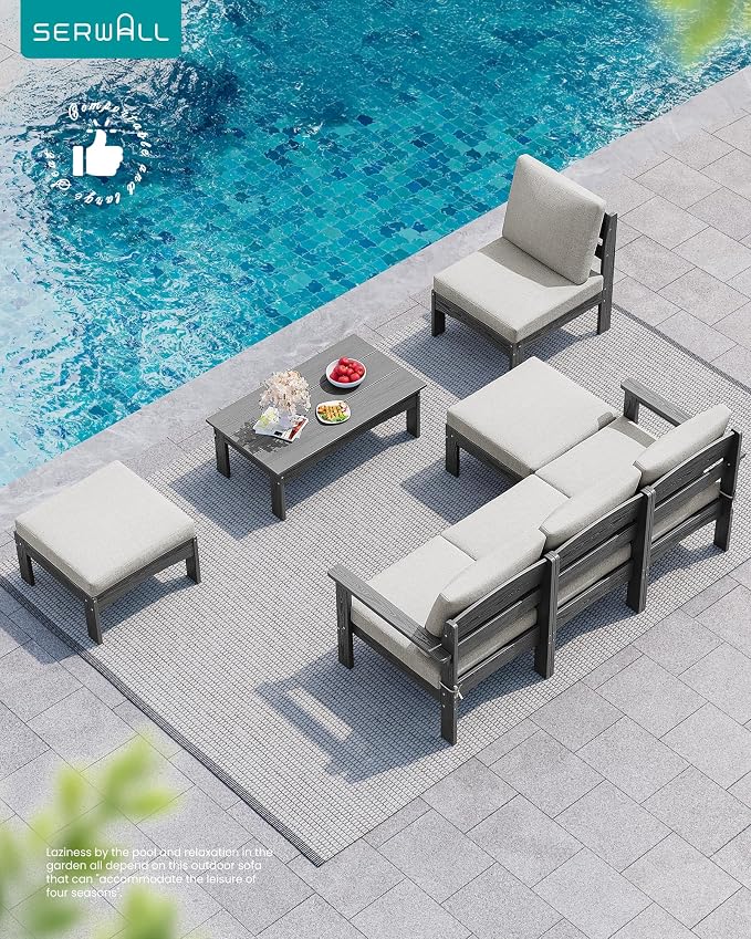 SERWALL 7-Piece Patio Sofa Set, Outdoor Furniture Set, All-Weather HDPE Outdoor Sectional Conversation Set Cushions and Coffee Table, Large Modular Sofas for Garden, Grey Frame with Khaki Cushion