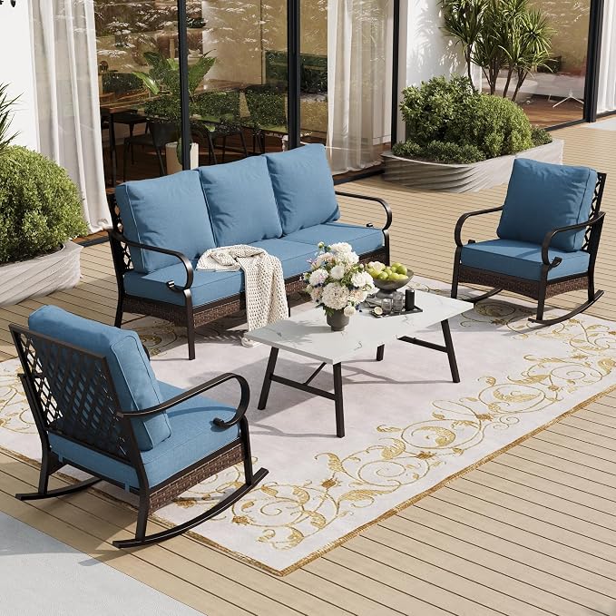 SUNSHINE VALLEY 4 PCS Metal Outdoor Patio Furniture Set, Patio Conversation Sets 1 3-Seater Sofa, 2 Rocking Chairs with 5.75" Extra Thick Cushion & Coffee Table, Black Backyard Furniture, Denim Blue