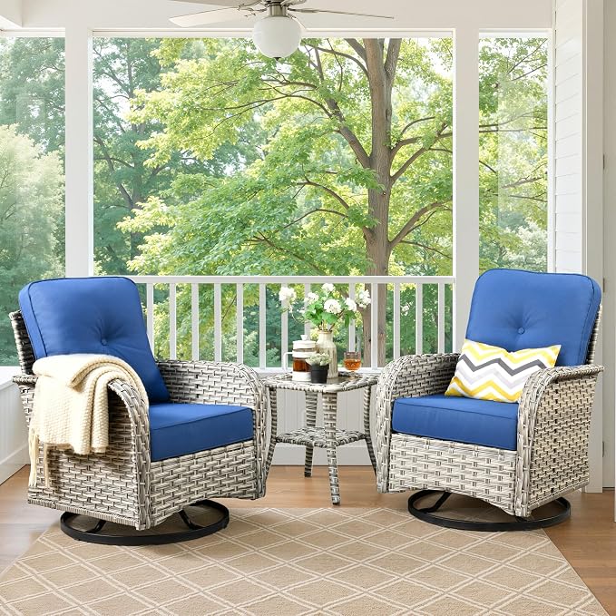 Swivel Patio Chairs Set of 2, Outdoor Wicker Rocker Glider Chair with Coffee Table, Modern Comfy Patio Furniture Sets for Porch Balcony Sunroom, Navy Blue