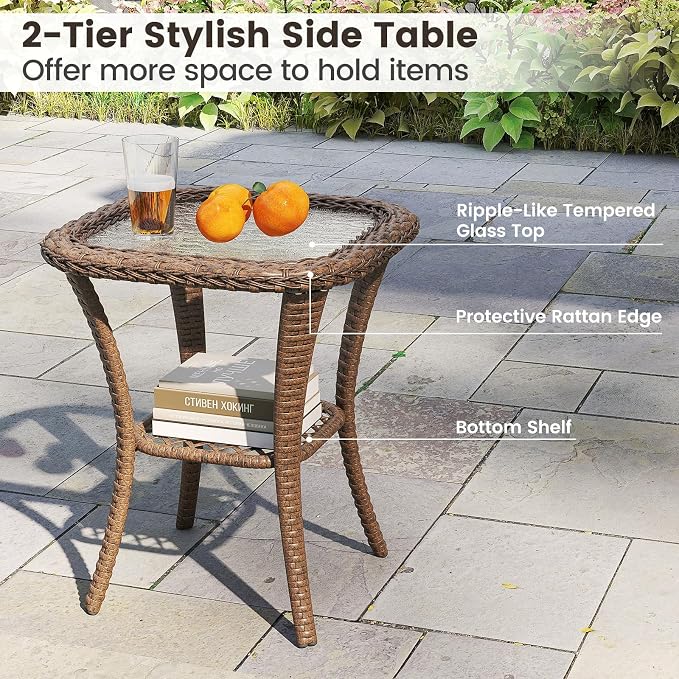 ORALNER 3 Pieces Wicker 360° Swivel Rocker Set Patio Furniture, Rocking Chairs with Cushions, Tempered Glass Coffee Table, Outdoor Rattan Bistro Set for Balcony Front Porch Deck Poolside (Turquoise)