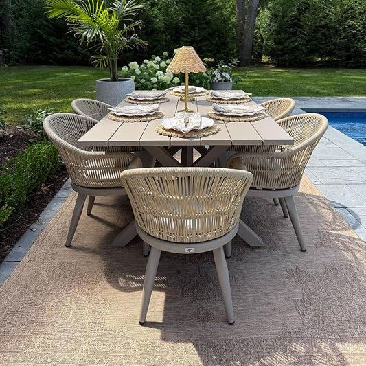 PURPLE LEAF 7 Pieces Patio Dining Set with Outdoor Aluminium Dining Table and Woven Rattan Chairs Modern Metal Furniture Cushions Sets for Garden Yard Indoor Decor Kitchen Champagne