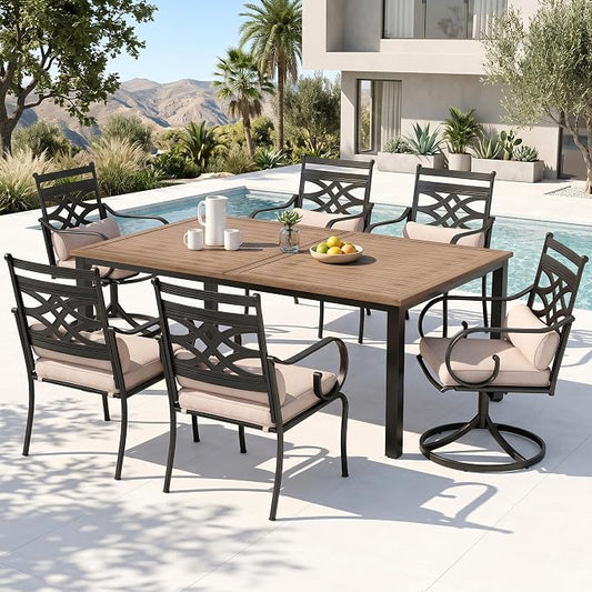 PHI VILLA 7 Piece Patio Dining Set, Rectangular Steel Table | Metal chairs, Beige Cushion, Cushions, E-coated
