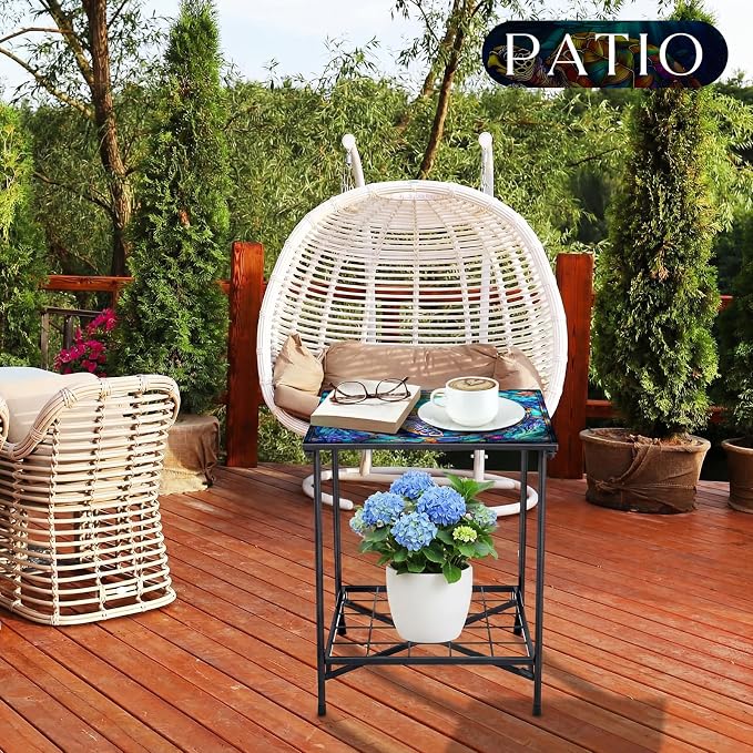 Cinnvoice Outdoor Side Table 2-Tier Storage Square Small Mosaic Patio Accent Indoor End Plant Coffee Tea Table for Yard Patio Porch Garden Living Room, Bedroom(Turtle Style)