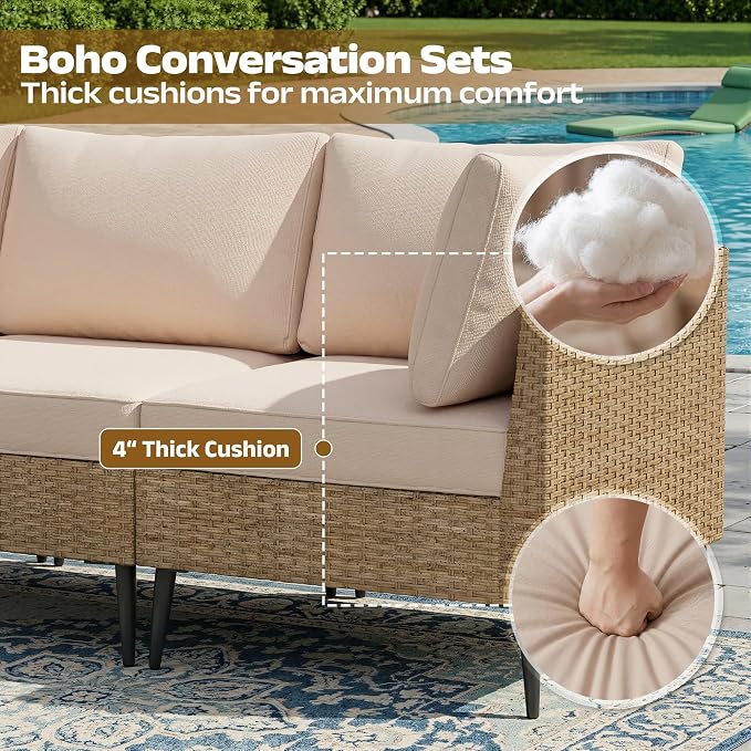 Outdoor Patio Furniture Sets,7 Pieces Outdoor Sectional Sofa PE Rattan Patio Conversation Sets with Composite Wood Coffee Table Resistant Thick Cushions Outdoor Sectional Furniture (Khaki)