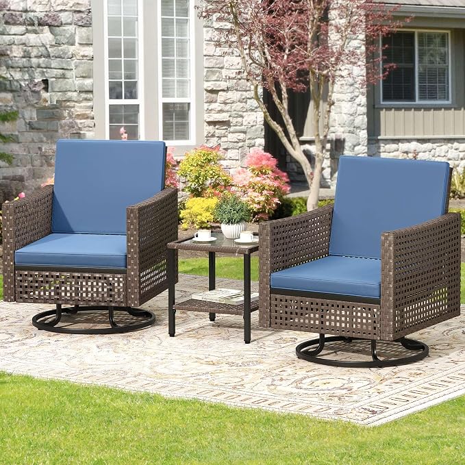 YITAHOME 3 Pieces Swivel Patio Set w/2.8" Thickened Cushions, All Weather Wicker Patio Furniture Set w/Patio Rocking Chairs & Rattan Side Table for Backyard Deck Poolside, Blue