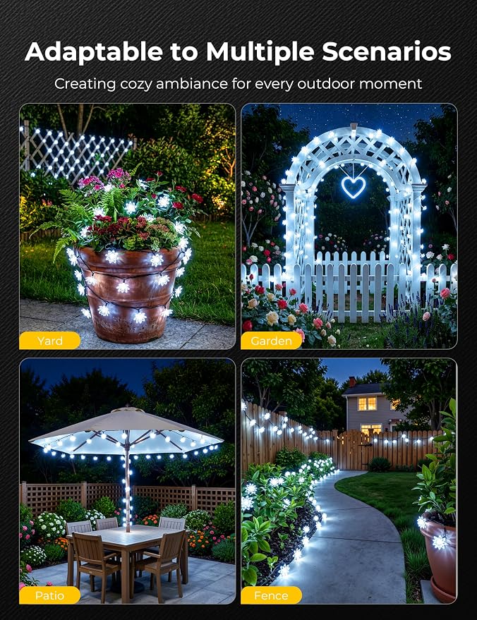 Brightown 50 LED Flower Solar String Lights Outdoor Waterproof, White | Solar Powered Fairy Lights with 8 Modes for Garden Yard Fence Patio Christmas Balcony Holiday Party Decor