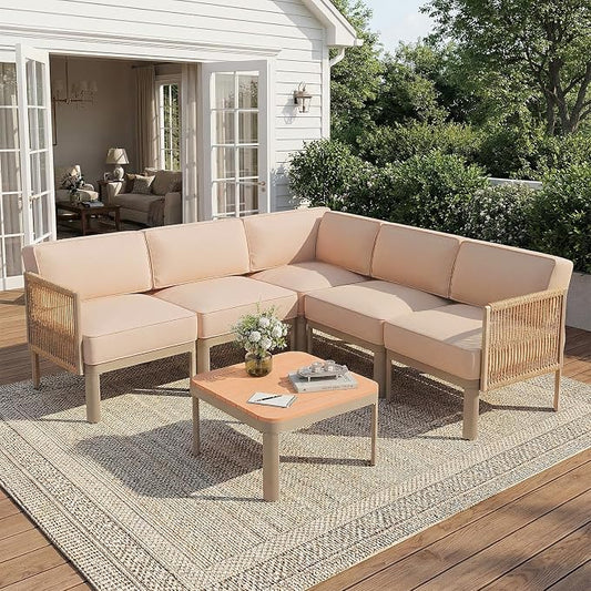 EROMMY 6 Pieces Patio Sectional Furniture Set, Metal Frame Outdoor Conversation Set with 6" Thick Cushions & Coffee Table, All-Weather Sectional Sofa for Poolside, Deck, Backyard, Beige