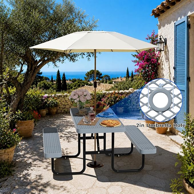 4FT Rectangular Steel Outdoor Picnic Table, Commercial Picnic Table Bench Set with Umbrella Hole, Weather-Resistant Heavy Duty School Dining Table for Stores, Park, Patio, Garden, Backyard, Grey