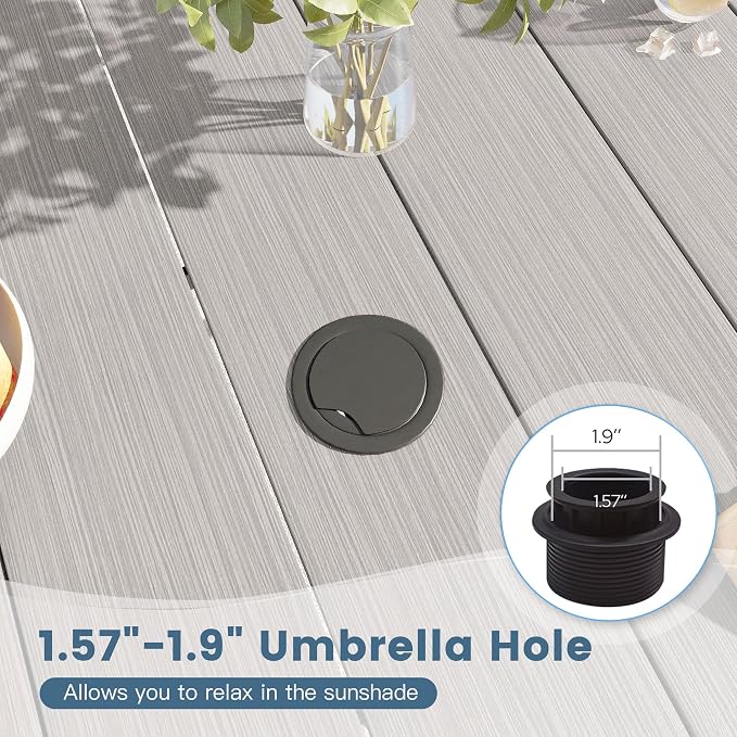 DIFY 48" Round Patio Dining Table for 6, Outdoor Metal Dining Table with 1.57" Umbrella Hole for Backyard Lawn Garden, Grey Wood-Like