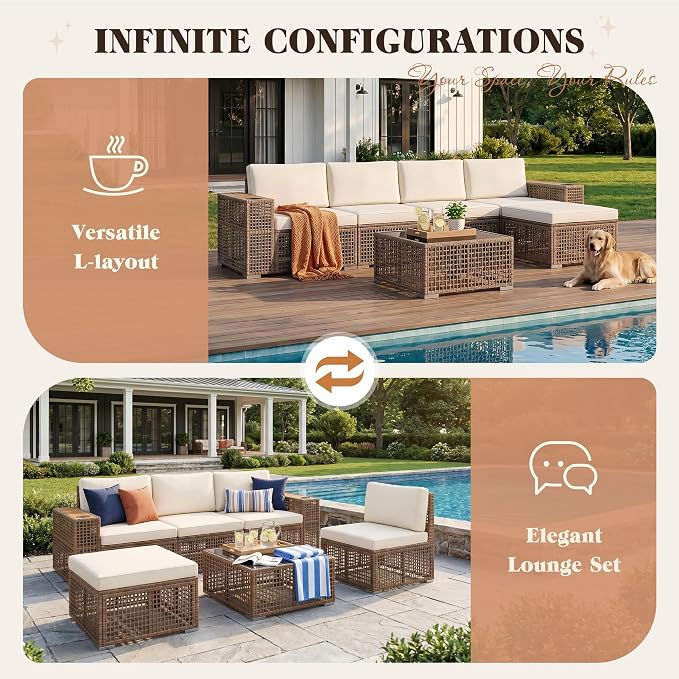 Devoko Patio Furniture Set,6 Pieces Outdoor Sectional Sofa with Cup Holder and 7.87in Wider Armrest, PE Wicker Backyard Couch Set with Coffee Table&Glass Tabletop for Deck, Porch（6 pcs）