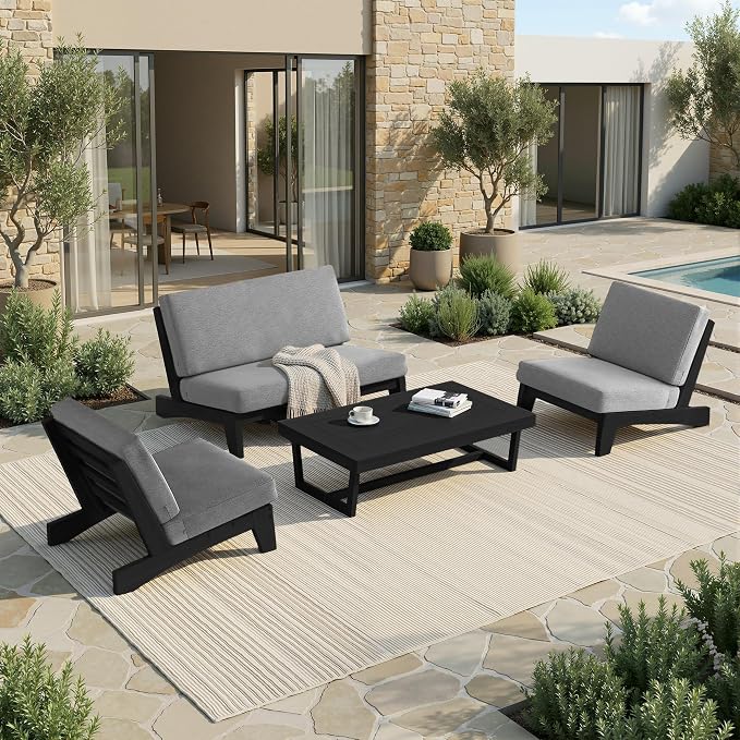 4 Piece Teak Outdoor Patio Frutnire Set, 4 Seater Patio Conversation Sets with Thick Cushions, Outdoor Sectional Furniture with Coffee Table - Gray