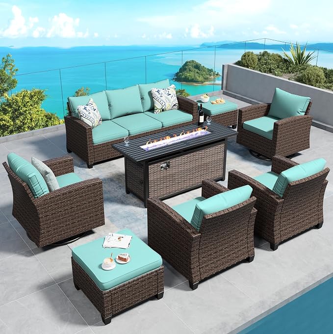 SUNSHINE VALLEY Swivel Glider Patio Furniture Set Outdoor Furniture Brown Wicker Rattan Patio Conversation Sets with Cushion Outside Sofa Set,7 Pieces with Rectangular Firepit Table,9 Seats,Blue