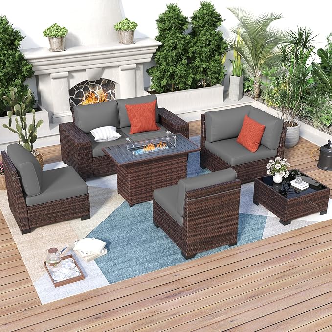 Patio Furniture with Fire Pit Table,8‘’ Wide armrest Outdoor Sectional Rattan Sofa Set, Wicker Patio Furniture Sets w/Coffee Table,Thick Cushions and Cover for Porch, Balcony,7PC (Brown&Grey)