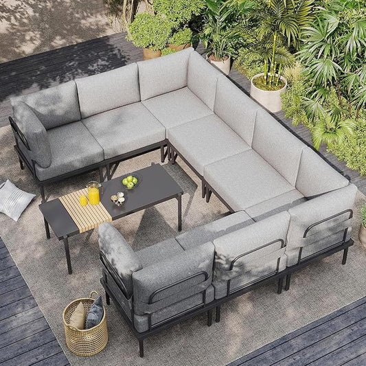 Sundale Outdoor 9 Pieces Patio Furniture Set, U-Shaped Outdoor Sectional Sofa with 6 Inch Olefin Cushion and Coffee Table, Modern Metal Outdoor Conversation Sets for Backyard, Poolside, Sunroom